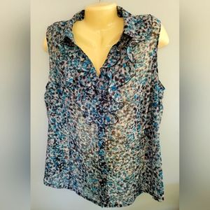 Tahari Ruffle front Blouse 1X sheer shiny Mettalic button front